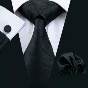 Mens Tie 100% Silk Barry.Wang New Classic Black Hanky Cufflinks Necktie Ties For Men Formal Business Wedding Party LS-823
