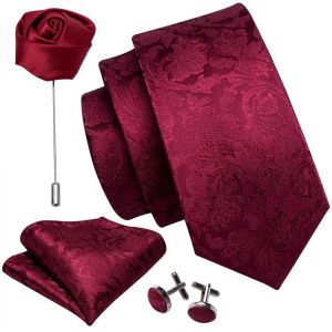 Mens Wedding Tie Red Paisley Solid Silk Neck Ties For Men Gravat Handkerchief Cufflink Brooch Set Barry.Wang Designer FA-5509