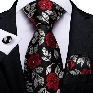 Black Red Reose Floral Ties For Men 8cm Men's Silk Neck Tie Handkerchief Cufflinks Set Business Wedding Tie Gift For Men DiBa