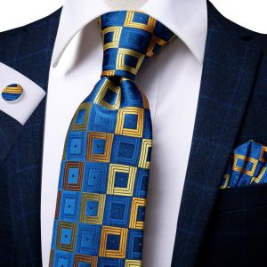 Hi-Tie New Yellow Blue Plaid Men's Tie Set Luxury Silk 8.5cm Large Necktie For Men Fashion Hanky Cufflinks Set Wedding Qualit