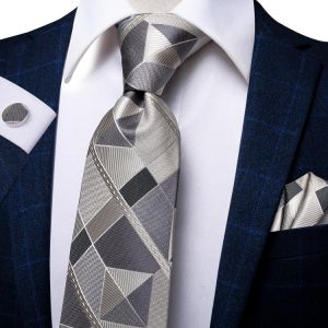 Hi-Tie Men's Tie Set Luxury 100% Silk Grey Plaid Large Neckties For Men Fashion Design Hanky Cufflinks Set Wedding Quality