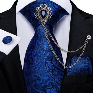 Royal Blue Men's Paisley Silk Ties Pocket Square Cufflinks Luxruy Brooch Business Wedding Necktie Gift Set For Men DiBanGu