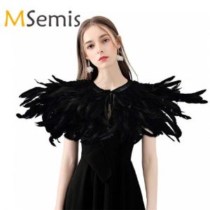 Fashion Iridescent Rooster Hackle Natural Feather Collar Cape Stole Shawl Collar Shrug Cape feather shawl with Ribbon Ties Party