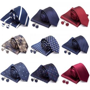 Mens Tie Cravat Cufflinks Set Necktie Fashion Stripe Jacquard Ties for Men Party Man Gift Wedding Dress Handkerchief Accessories