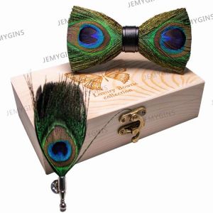 JEMYGINS original bow tie peacock feather handmade leather bow tie brooch pine gift set wedding party men's suit Bowtie Neckt