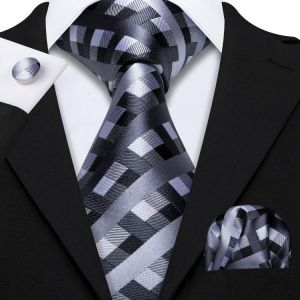 Silk Tie For Men Black White Gray Plaid Necktie Novelty Tie Set  Handkerchief Cufflinks For Wedding Business Party Barry .Wang
