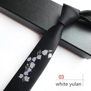 Personalized 5CM Skinny Tie White Yulan Embroidery Tie Narrow Necktie Formal Dress Accessory Birthday Present Graduation Cravat