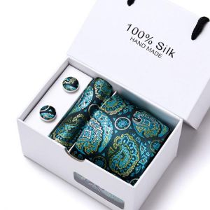 Mens Green Paisley  Tie 100% Silk Jacquard Necktie Gravata Handkerchief Cufflinks Wedding Tie Set for Men Formal Party SB185