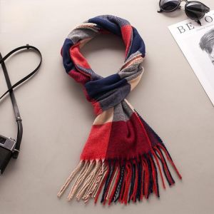 Cashmere Plaid Warm Women Winter Thick Scarf Long Tassel Shawl Outdoor Keep Warm Geometric Towel Lady Ring
