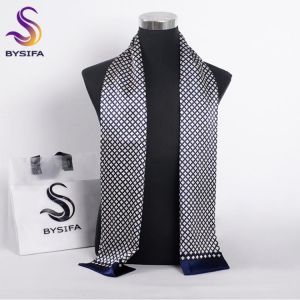 [BYSIFA] Brand Men Silk Scarf Muffler Winter Fashion Accessory 100% Pure Silk Male Plaid Long Scarves Cravat Navy Blue 160*26cm
