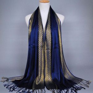 Spring Summer Gold Silk Thin Scarf Tassel Scarf Shiny Geometric Print Bright Silk Scarf Muslim Long Wraps Casual Sunscreen Hijab
