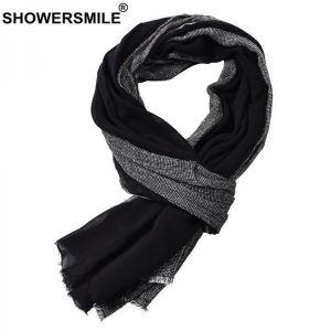 SHOWERSMILE Black Cotton Linen Scarf Men Long Patchwork Scarf for Men Tassel Winter Mens Scarves Fashion Men's Accessories