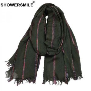 SHOWERSMILE Cotton Linen Men Scarf Winter Army Green Striped Tassel Scarf Men Fashion Ethnic Style Male Accessories