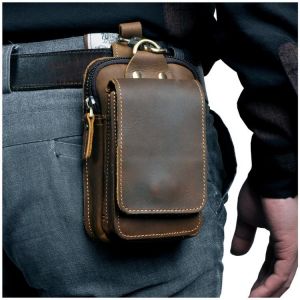 Real Leather men Casual Design Small Waist Bag Cowhide Fashion Hook Bum Bag Waist Belt Pack Cigarette Case 5.5" Phone Pouch 1