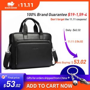 BISON DENIM Men Bag Genuine Leather Briefcases14" Laptop Bag Men's Business Crossbody Bag Messenger/Shoulder Bag For Man