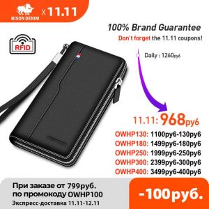 BISON DENIM Genuine Leather Men's Wallet RFID Blocking Long Purse Coin Case Passport Cover For Mens Credit Card Holder W8226