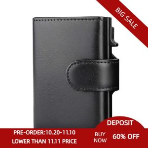 2021 Fashion Aluminum Credit Card Wallet RFID Blocking Trifold Smart Men Wallets 100% Genuine Leather Slim with Coin Pocket