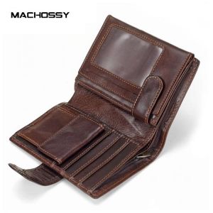 MACHOSSY Men Wallet Oil Wax Cowhide Genuine Leather Wallets Coin Purse Clutch Hasp Open Top Quality Retro Short Wallet 13.5cm