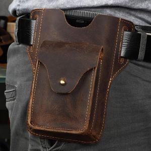 High Quality Crazy Horse Leather Waist pack Phone Bag Belt Loop Hook Waist Pouch Genuine leather Brown handmade phone Bag 2034
