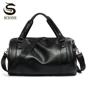 New Men Travel Duffle Bag PU Leather Men's Travel Bags Black Shoulder Handbag Round Bucket Shape Messenger Bag Tote JXY814