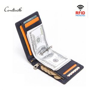 CONTACT'S men RFID Genuine Leather Money Clip Card Wallet Crazy Horse Thin Bifold cash clamp cash holder male Slim RFID Purse