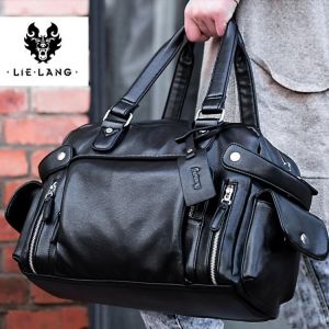LIELANG Men's Black handbag Travel Bag Waterproof Leather Large Capacity Travel Duffle Multifunction Tote Casual Crossbody Ba