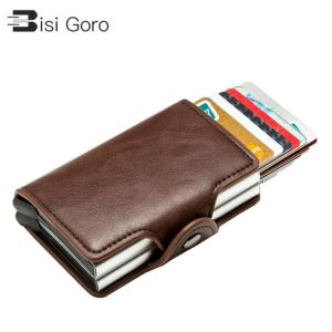 BISI GORO 2021 Smart Man Wallet Double Boxes Card Holder  RFID Blocking Anti-theft PU Leather Wallet Travel Money Case