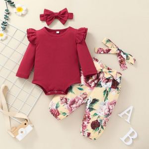 Baby Girl Clothes for New Born from 0 to 3 months Ruffled Baby Girl Set Winter Long Sleeve Cotton Baby Outfit Bodysuit 4Piece