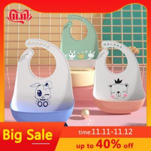2021 Cute Baby Bibs Waterproof Silicone Bib Infant Toddler Feeding Saliva Towel Cartoon Adjustable Children Apron with Pocket