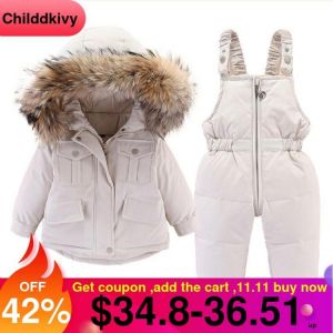 2pcs Set Baby Girl winter down jacket and jumpsuit for children Thicken Warm fur collar jacket for girls Infant snowsuit 0-4Year