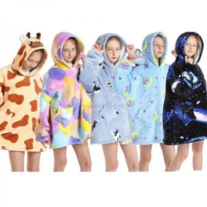 Winter Sofa TV Blanket Kids Oversized Loose Huggle Hoodie Boy Girl Sweatshirt Dinosaur Hoodies Warm Sherpa Blankets With Sleeves