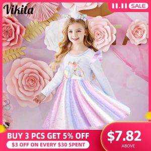 VIKITA Girls Dress Autumn Winter Kids Casual Long Sleeve Dress for Girl Unicorn Party Princess Dress Children Clothing 3-8 Years