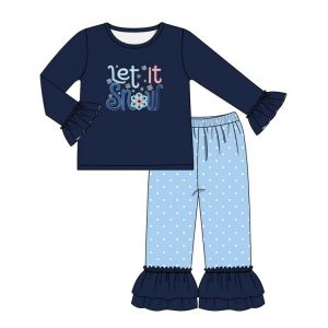 Autumn Girls Clothes Navy Blue Long Sleeve Top And Blue Trousers Let It Snow Embroidery Font Pattern Girl Outfits