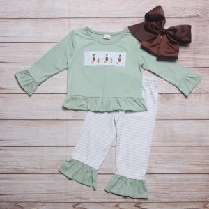 Autumn Girls Clothes Gray Green Long Sleeve Top And Grey Striped Trousers Three Wild Ducks Embroidery Pattern Girl Outfits