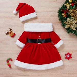 Toddler Baby Girls Christmas Flannel Clothes Set Long Sleeve Square Collar Dress+Hat with Ball+Scarf Infant Kids Outwear