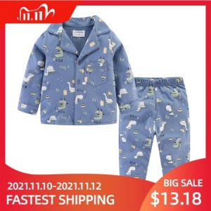 Mudkingdom Boys Girls Pajamas Set Callared Long Sleeve Cute Cartoon Autumn Toddler Pajama Kids Sleepwear Print Children Clothes