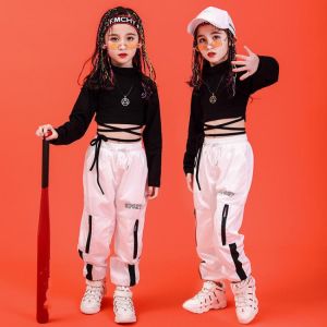 Girl Clothes Summer Chidren Hip Hop Clothing Cotton Black Long Sleeve Crop Tshirt  White Polyester Pant 2 Pcs Streetwear Suit