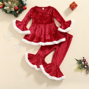 Christmas Toddler Baby Girls 2Pcs Outfits Velvet Set Infant Long Sleeve Pullover + Flared Pants 18 Months-6 Years Fluffy Clothes
