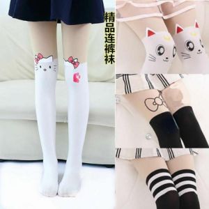 4 To 14 Year Children's Kids Girls Thin Tights Pantyhose Knee Fake Tattoo Velvet Stocking white Cartoon Kitty Cat Girl Tights