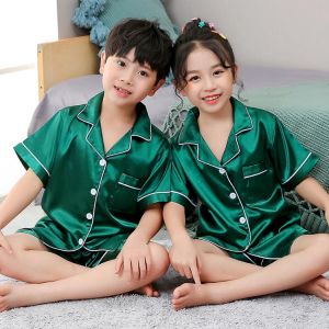 Girls Pajamas Set Summer Short Sleeve Children's Sleepwear Set Fake Silk Pajamas Boy Pyjamas Sets for Kids Children's Da