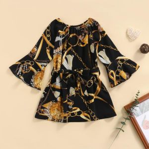 Baby Print Dress Long Sleeve Round Neck High Waist Floral Loose Casual Party Black Midi
