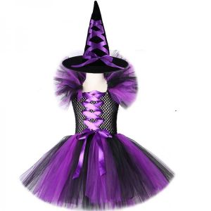 Purple Black Witch Dress Girls Halloween Holidays Costumes Kids Carnival Tutu Knee Dresses for Children Cosplay Party