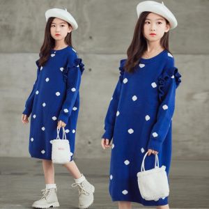 2 Styles Sweater Dress Lace Long Sleeve Dresses White Dots Costumes Clothes Girls Clothing Gifts Outfits For Girls