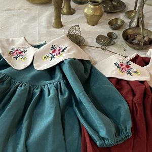 Autumn Embroidered Kids Clothes Girls Dress Peter Pan Collar Girls Clothing Long Sleeve Cotton Toddler Dresses Princess Costume