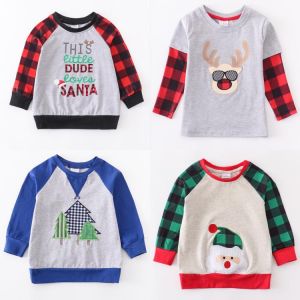 Girlymax Christmas Little Dude Loves Santa Plaid Gingham Boys Long Sleeves Top Boutique Cotton T-shirts Kids Clothing
