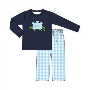 Autumn Clothes Navy Blue Long Sleeve Top And Blue Plaid Trousers Blue Hippo Embroidery Pattern Boys Clothes