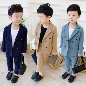 Spring Autumn Boys Double Breasted Suit Set  Children Fashion Blazer + Pants 2pcs Outfit Kids Party Host Birthday Dress Costume
