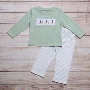 Autumn Clothes Gray Green Long Sleeve Top And Grey Striped Trousers Three Wild Ducks Embroidery Pattern Boys Clothes