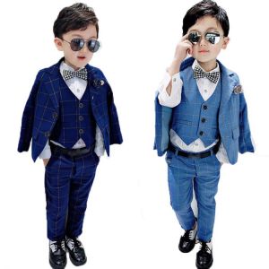 Formal Flower Boys Wedding Suit Set Children Host Party Paino Performance Dress Costume Kids Plaid Blazer Vest Pants Outfits