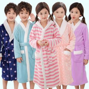 New Winter Warm Bathrobe for Children Lengthened Flannel Robes 5-14 Years Girls and Boys Striped Sleepwear Cotton Kids Bathrobe